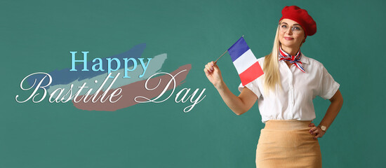 Beautiful woman with flag of France on green background. Bastille Day celebration