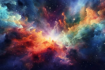 Fototapeta na wymiar Illustration showcasing a vibrant space nebula. Intricate gas clouds swirl and dance, creating a mesmerizing display of colors. Ai generated