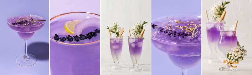 Collage of cold cocktails with lavender in glasses