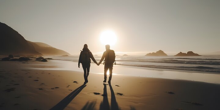 couple walking on the beach at sunset. hiking, travel, harmony, lifestyle