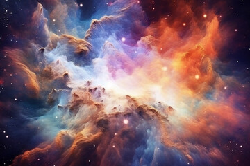 Naklejka na ściany i meble Illustration showcasing a vibrant space nebula. Intricate gas clouds swirl and dance, creating a mesmerizing display of colors. Ai generated
