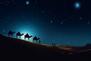 Naklejka na ściany i meble Camels walking in moonlight