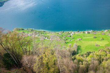 Fototapeta na wymiar Aerial view of Kehrsiten, a small municipality of Stansstad on Lake Lucerne at the foot of Mount Bürgenstock, Switzerland.