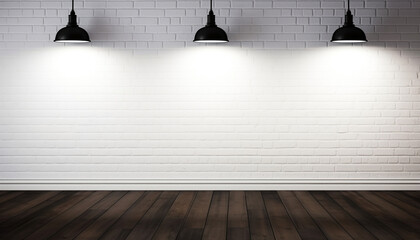 White Brick Studio Background with Three Black Lights on Wood Flooring and White Brick Wall - Generative AI