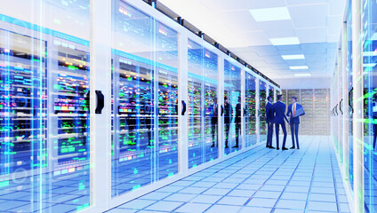 Interior of Big Modern server room with rows of rack cabinets and businessman monitoring machines working. Mining farm interior with beautiful neon lights reflections. 3D rendering illustration