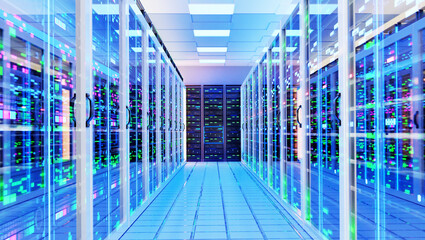 Obraz na płótnie Canvas Interior of Big Modern server room with rows of rack cabinets, data centre or mining farm interior with beautiful neon lights reflections. 3D rendering illustration