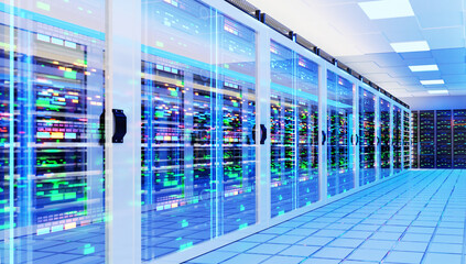 Fototapeta na wymiar Interior of Big Modern server room with rows of rack cabinets, data centre or mining farm interior with beautiful neon lights reflections. 3D rendering illustration
