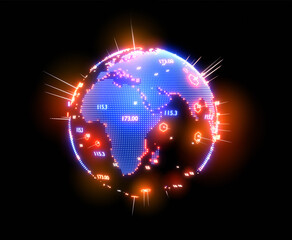 Neon planet Earth and lit up places of growing market. Asia and Australia side. Economy, finance Concept. 3D rendering illustration