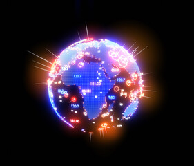 Neon planet Earth and lit up places of growing market. Asia and Australia side. Economy, finance Concept. 3D rendering illustration