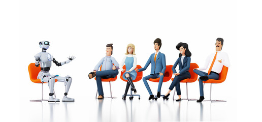 Business people and robot holding a presentation together. AI technology, people vs robots, people working together with robots concept 3D rendering illutration