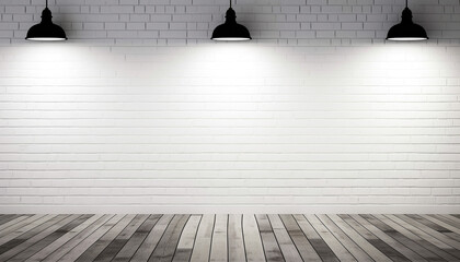 White Brick Studio Background with Three Black Lights and Wood Flooring on White Brick Wall - Generative AI