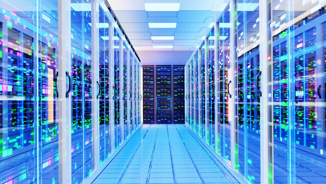 Interior of Big Modern server room with rows of rack cabinets, data centre or mining farm interior with beautiful neon lights reflections. 3D rendering illustration