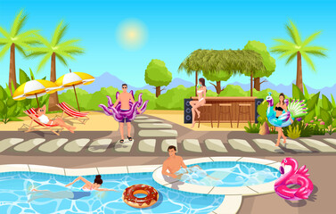 Happy people enjoy in luxury tropical resort. Summer time vacation in swimming pool near drink bar. Young people, women, men with inflatable circle animal have fun on beach party. Vector illustration