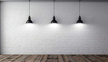 White Brick Studio Background with Three Black Lights and Wood Flooring Against a White Brick Wall - Generative AI