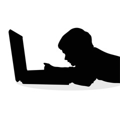 person with laptop, silhouette of a boy at a laptop, working on a laptop, studying on a laptop, watching a movie, video
