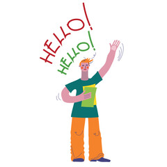 Hello. The guy waves a friendly hand. An invitation to a club, a welcome at school, studying at an institute or university, a new beginning. Vector flat illustration.
