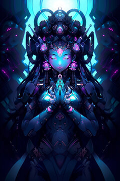 Cyberpunk AI Goddess Parvati with praying hands