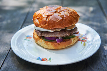 Close up picture of homemade juicy and tasty hamburger made from melted beef from organic farming, white italian style cheese, red onion, pickles, tomato and cucumber served on white rustic plate.