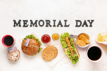 Composition with text MEMORIAL DAY, tasty dishes and drinks on light background