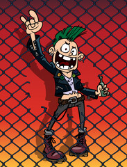 Punk cartoon character man boy funny stock illustration mesh chain-link torn rabitz background