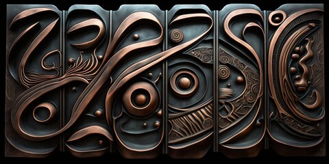 multipart artisan copper relief, musical wavy abstract pattern made of black patinated copper, generative ai	