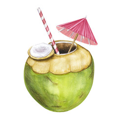 Cocktail green coconut with straw umbrella tropical exotic beach drink. Hand drawn watercolor illustration isolated on white background. Design element for bar, restaurant menu, logo