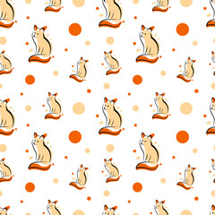 Seamless pattern with red foxes on a white background. Vector illustration in doodle style