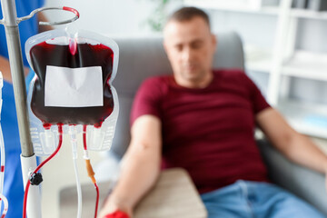 Blood pack for transfusion in clinic, closeup