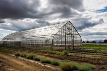 Obraz premium indoor greenhouse on a farm field during the day in rainy weather. Generative AI