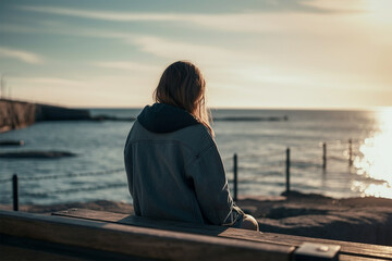 Fototapeta premium A lonely girl sitting on a bench with a sea view.Back view.Created with generative ai
