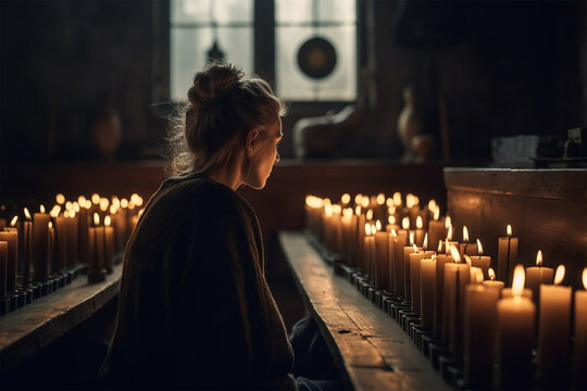 A woman standing in front of candles in the church.Back view.Created with generative ai
