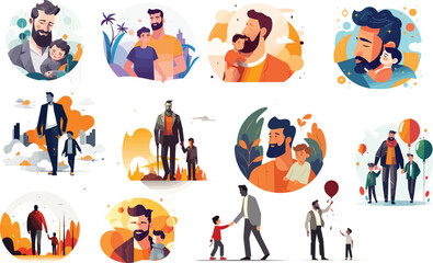 father, man, child, happy, person, family, celebration, holiday, vector, daddy, son, male, illustration, card, day, dad, parent - obrazy, fototapety, plakaty