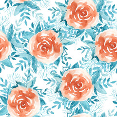 Beautiful watercolor floral seamless pattern of orange roses with bright turquoise blue leaves. Delicate contrast painting flowers texture for textile, wallpaper, wrapping paper, surface design