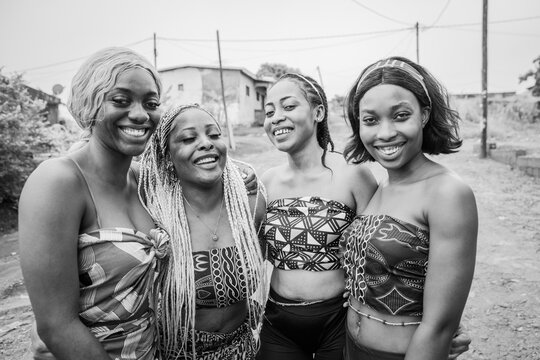 Group of african lesbian girls together smile, pride month in lgbt community, black and white photo