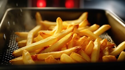 French fries is cooking into deep fryer at kitchen. Generative AI