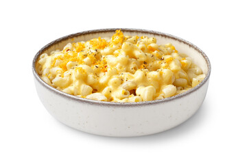 Bowl of tasty Italian pasta with Cheddar cheese on white background