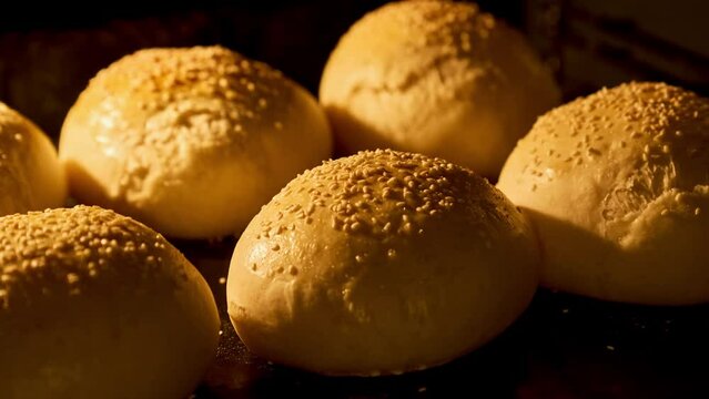 Timelapse of buns with sesame baking in oven. Buns for hamburger rising up in oven. Baking concept. Homemade bakery. Fresh buns. Close-up in 4K, UHD