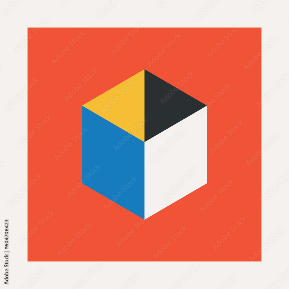 Poster abstract geometric design featuring a bauhaus pattern with a volumetric cube figure, showcasing mini