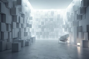 Interior of an abstract white room with white glow neon lamps. Background of futuristic architecture. White Box with a concrete wall that is empty. for your design project, a mockup. Generative AI