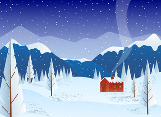 Rural house on the background of mountains, snow and trees. Evening winter landscape. Flat vector illustration. For covers, advertising flyers, design and decor, packaging and brochures.