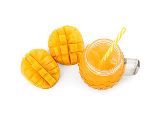 Mason jar of fresh mango smoothie on white background