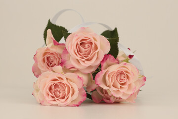 Pink rose flower bouquet with white silk ribbon. Light beige copy space background.