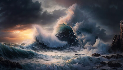 Stormy Sea with Crashing Waves, Jagged Rocks, Stormy Sky, Lightning Bolts, Dramatic Mood.Generative AI