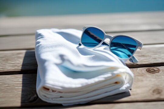 sunglasses on a white towel. Generative AI