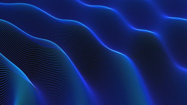 Blue 3D soundwaves consisting of lines flowing digital water surface. Abstract concept of digital music, big data and artificial intelligence. Tidal waves of digital information, seamless loop 4K