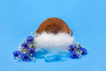 Blue digital background for newborns for photographers with a basket of flowers of lily of the valley and cornflower.