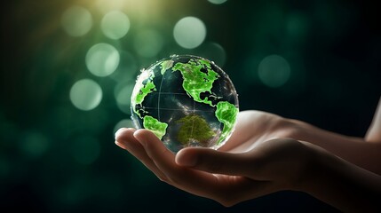 ESG environment social governance concept; Hand holding crystal globe; Business cooperation for a sustainable environment; World sustainable environment concept; green energy;