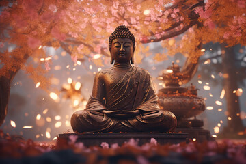 The Buddha statue in a cherry blossom garden. Generative AI