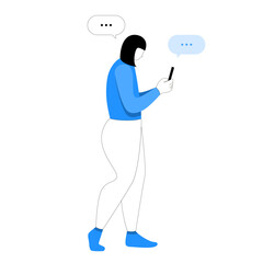 The woman is lying, looking at her smartphone and chatting. Vector flat stylized illustration. Online communication