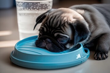 pug dog relaxing on a blue frisbee. Generative AI